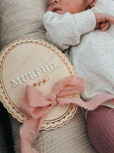 Load image into Gallery viewer, Scalloped Bow Birth Announcement Disc

